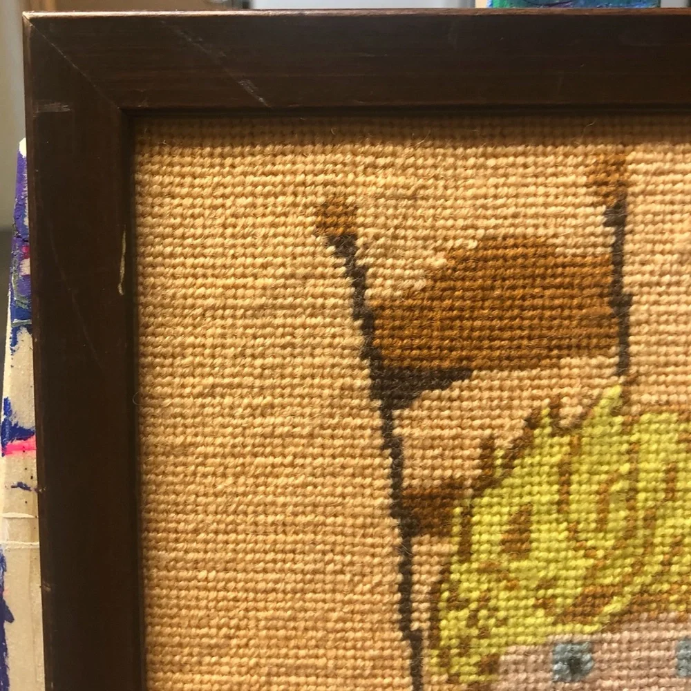 VINTAGE HANDMADE NEEDLEPOINT BLONDE BOY SITTING IN CHAIR